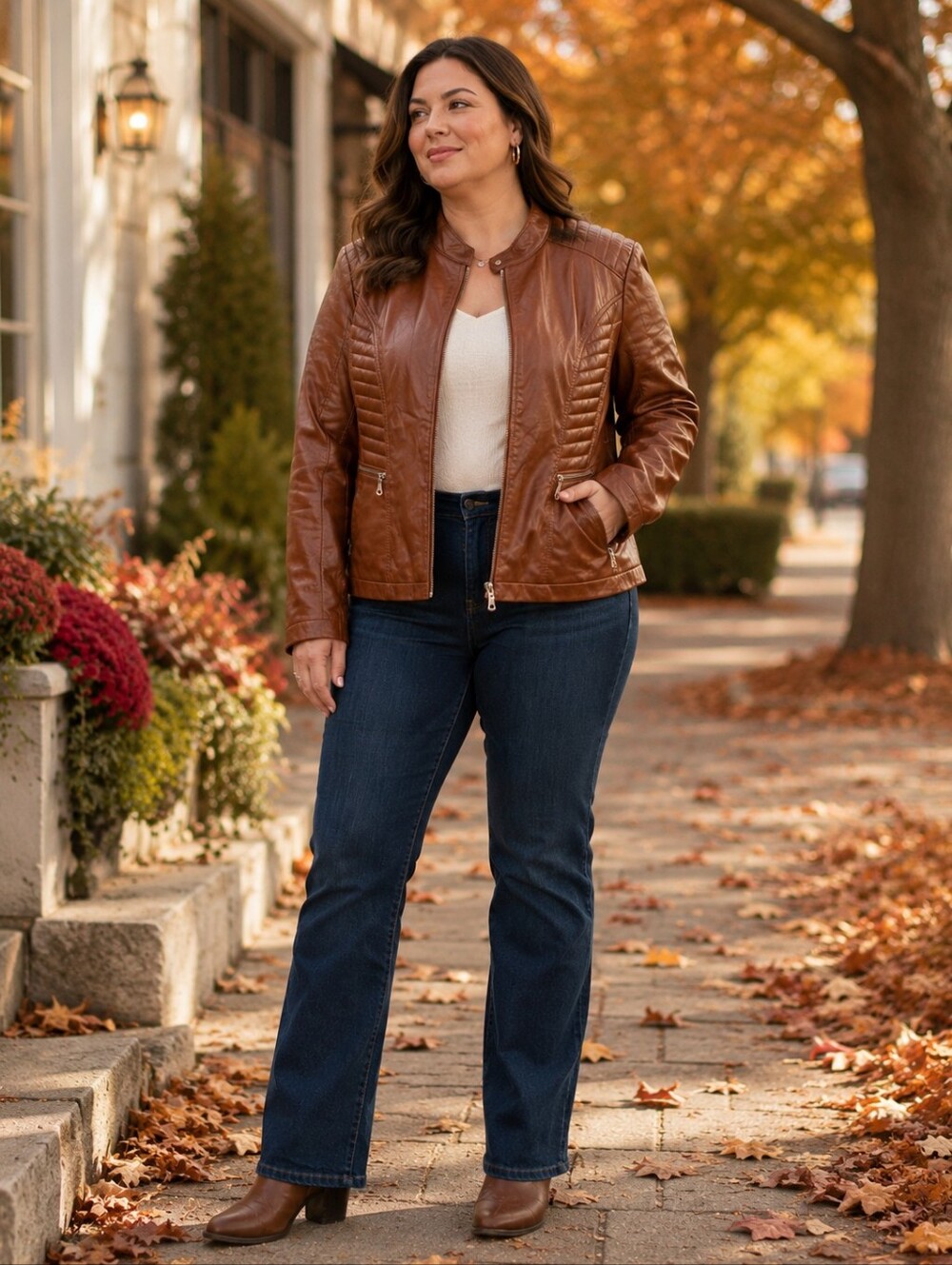 Women's Tan Genuine Leather Quilted-Panel Zip Jacket